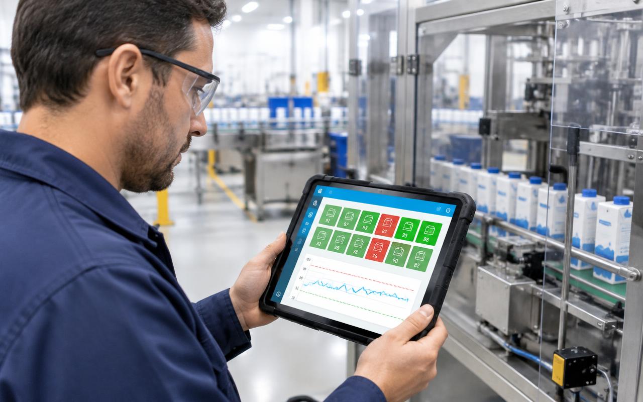 Maintenance technician checking a ThingWorx condition monitoring screen with red and green machine tiles and a parameter trend with limit lines