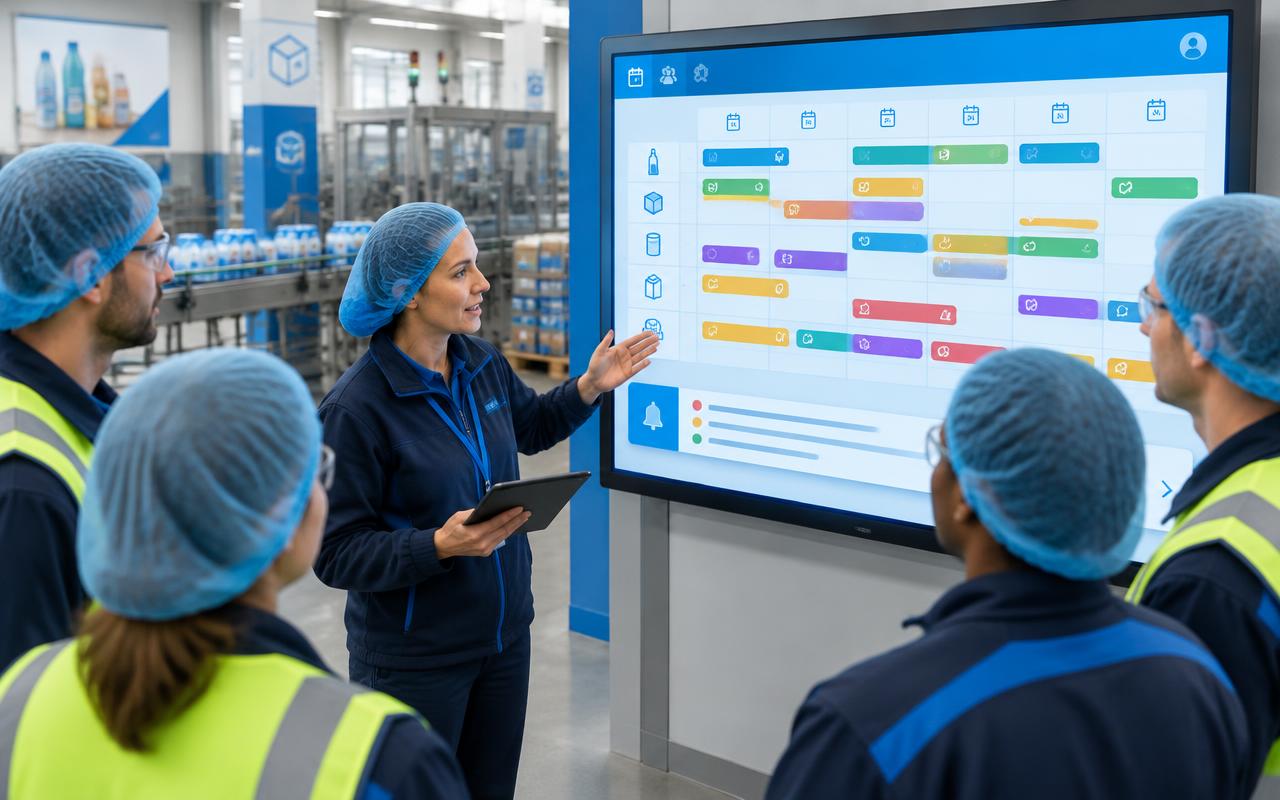 Plant team reviewing a 24-hour action plan with scheduled activities and open notifications on a ThingWorx screen