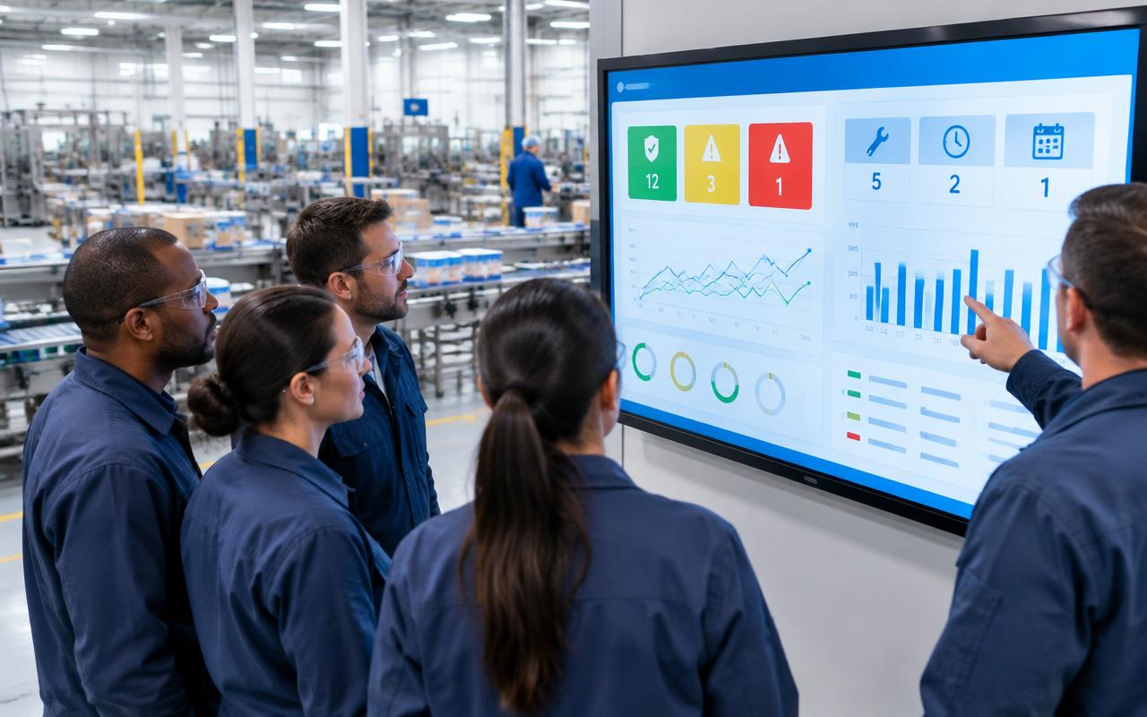 Plant team in a daily direction setting meeting reviewing a ThingWorx dashboard with safety, quality, maintenance and line KPI tiles