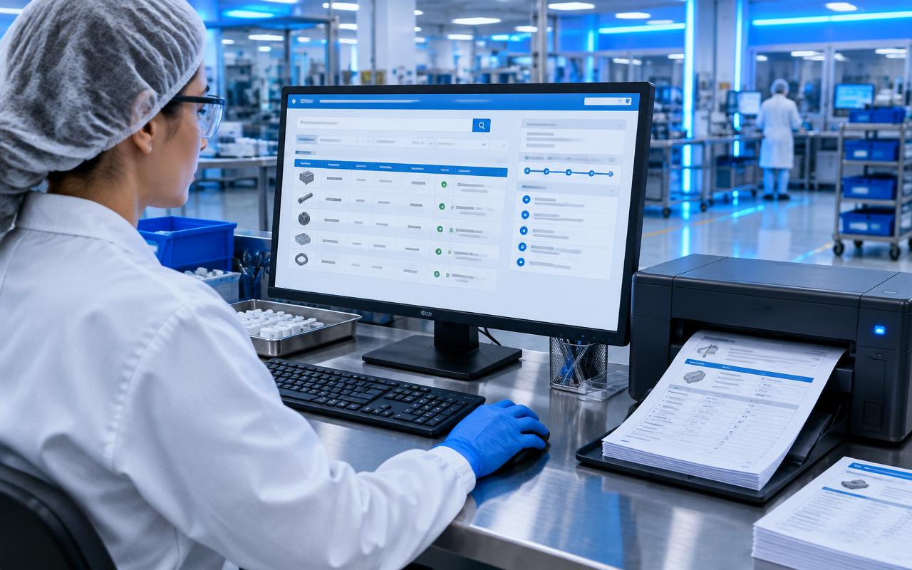 Quality inspector searching released inspection sheets by work order and printing them from a ThingWorx portal