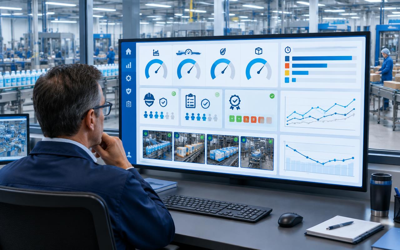 Plant manager reviewing a ThingWorx dashboard with line KPIs, downtime, defects and safety audit tiles