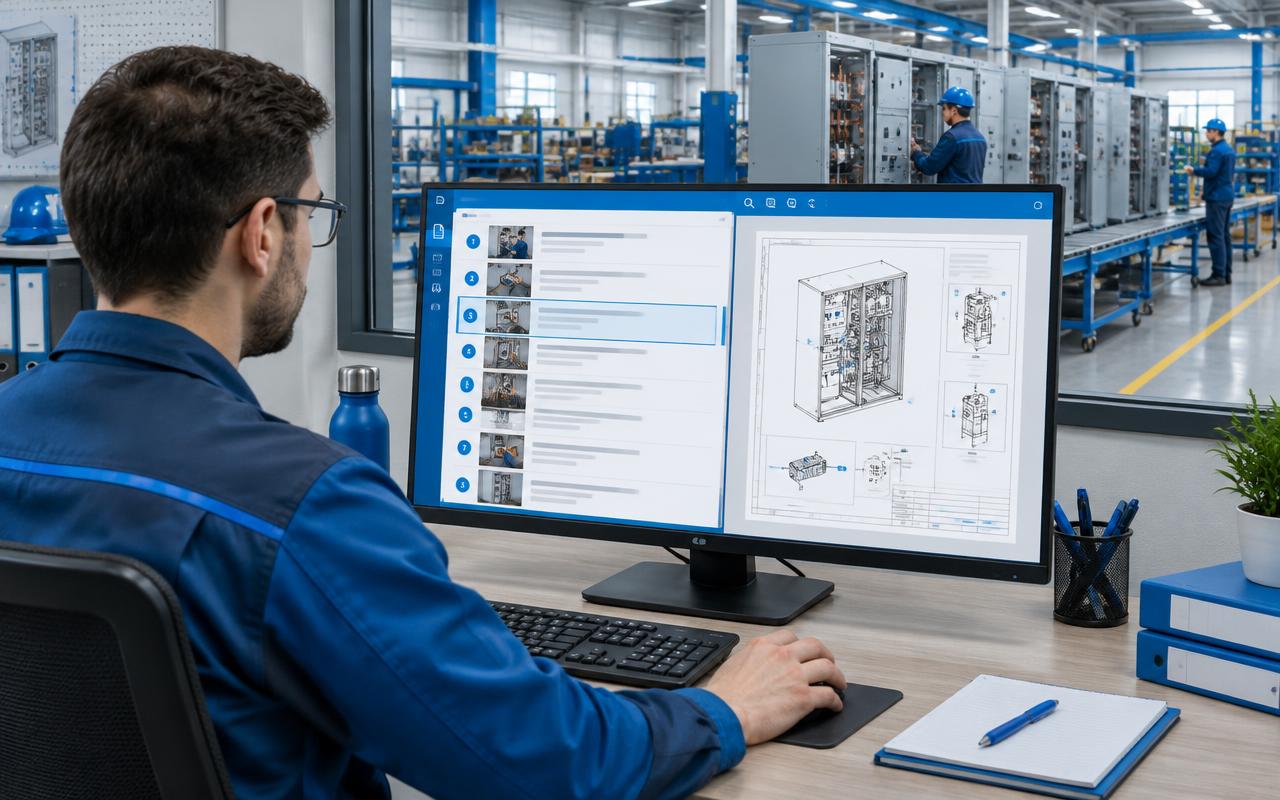 Manufacturing engineer editing a work instruction in ThingWorx and attaching a released Windchill drawing