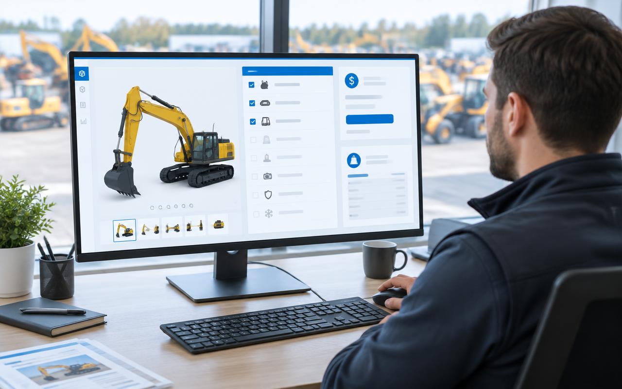 Sales engineer configuring a heavy equipment machine on a ThingWorx product configurator screen with a 3D model and option list