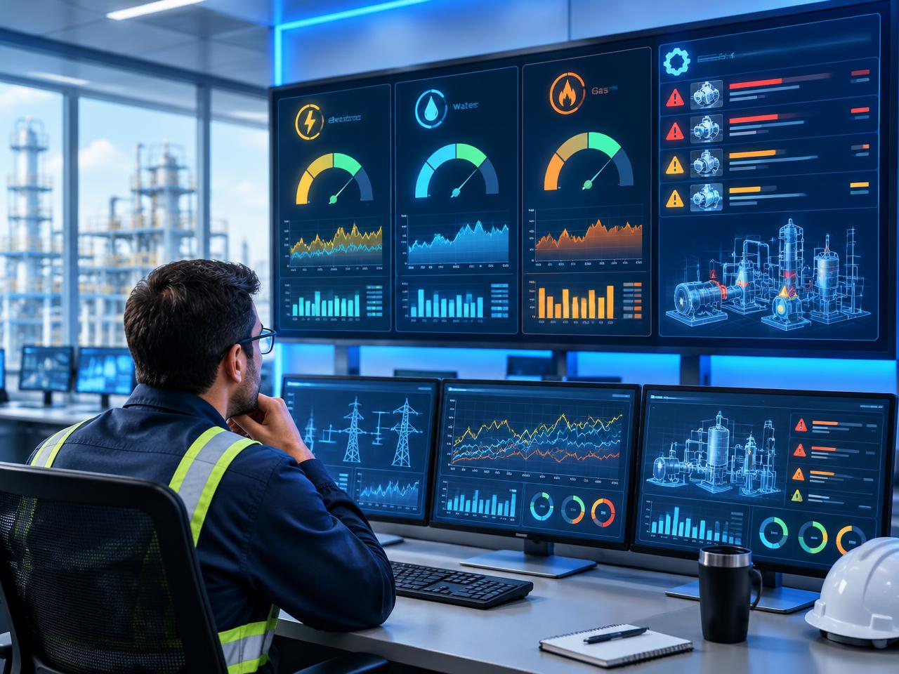 Plant engineer reviewing ThingWorx energy, utilities and predictive maintenance dashboards