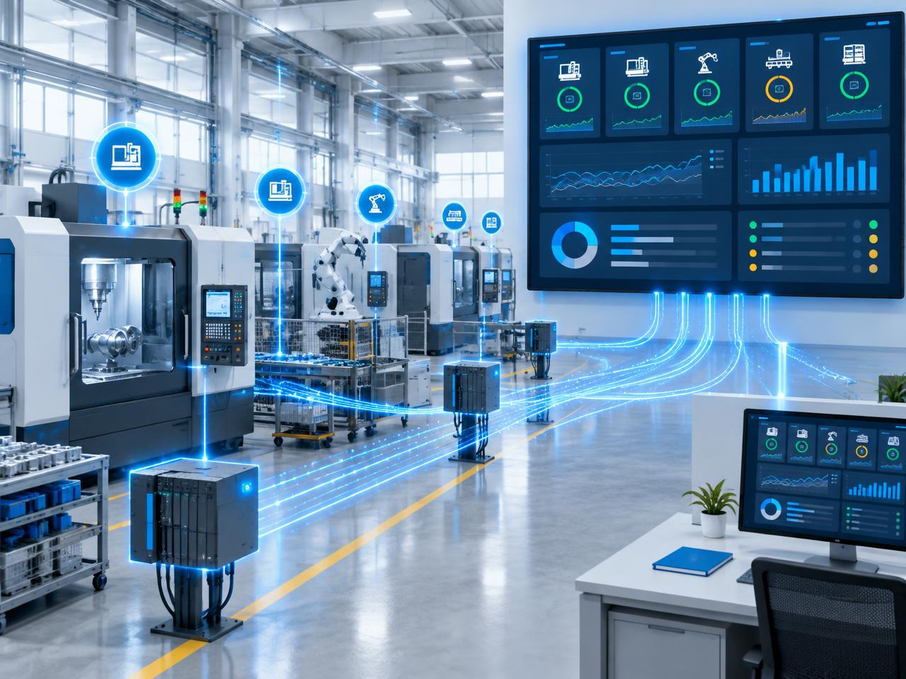 Factory machines and PLCs streaming live data to a ThingWorx IIoT machine monitoring dashboard