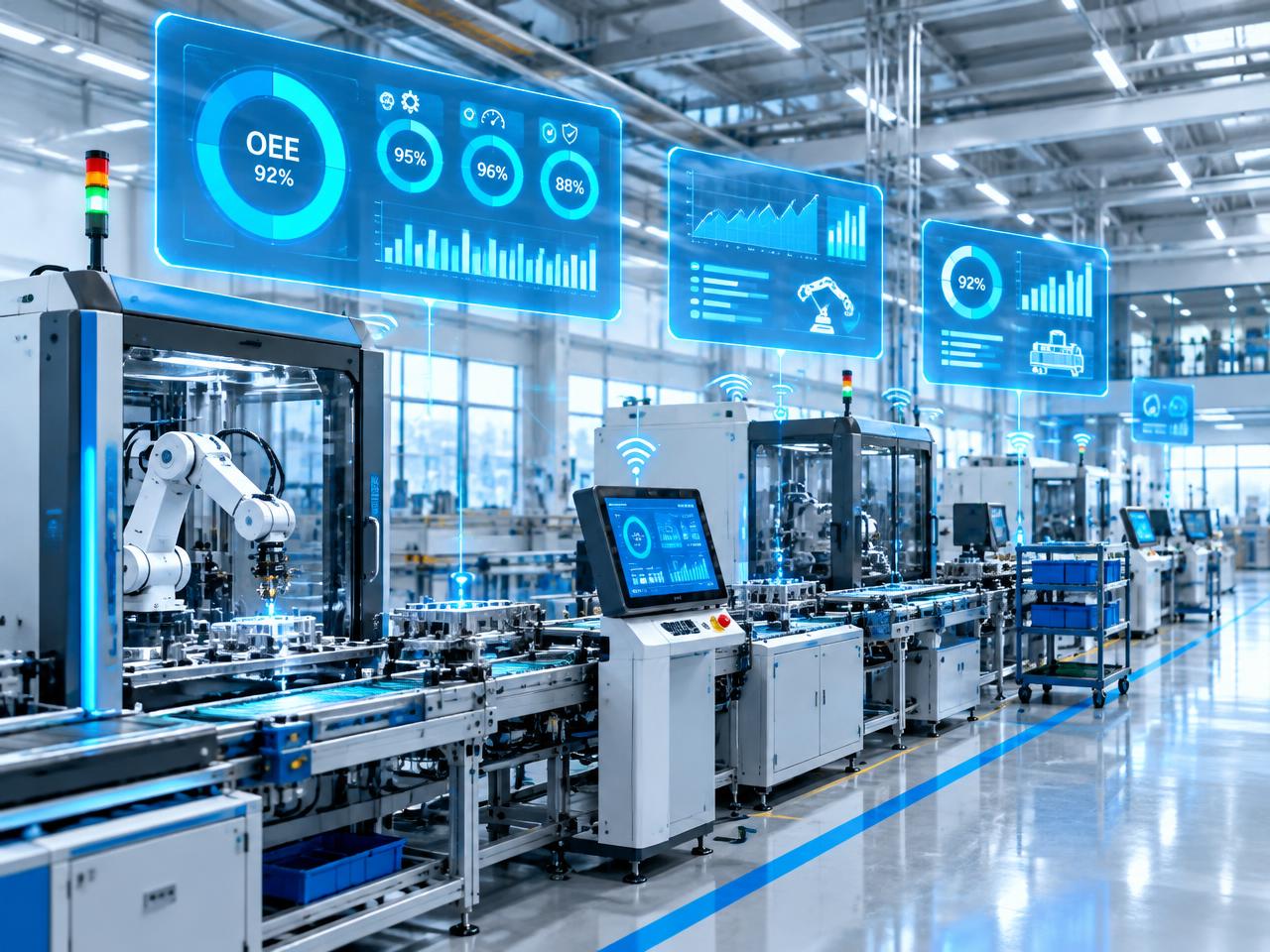 Connected smart factory line with live ThingWorx MES OEE dashboards