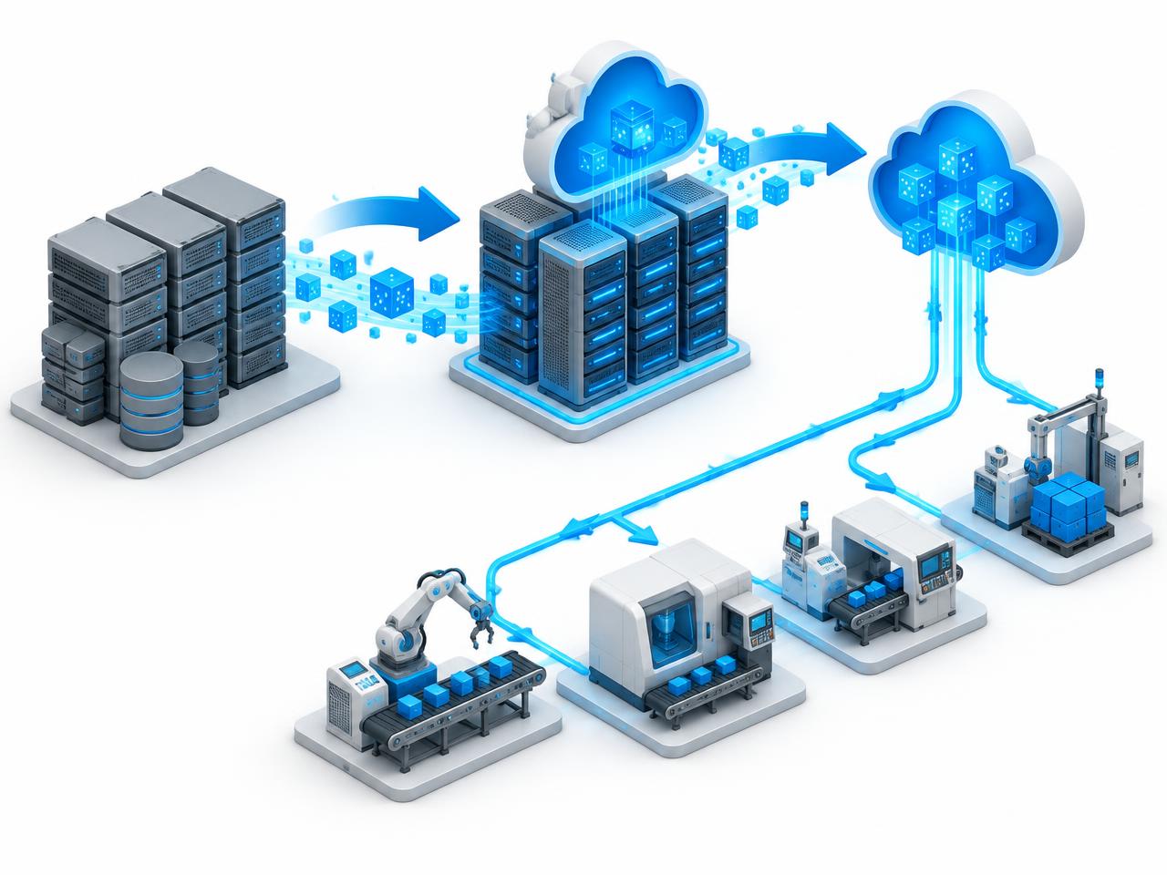 Illustration of ThingWorx platform upgrade and migration across servers, cloud and factory machines