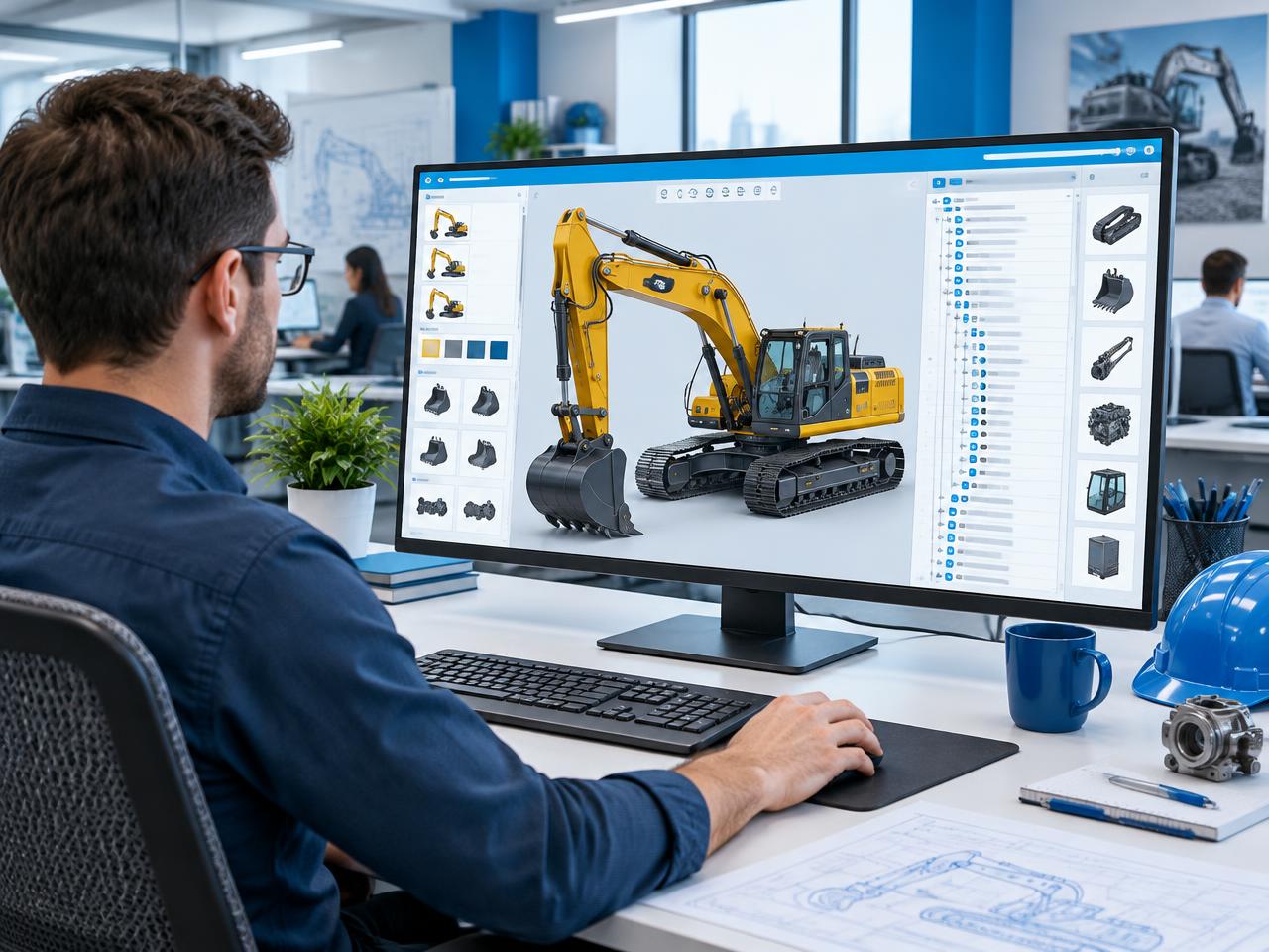 Engineer configuring a heavy equipment variant on a 3D ThingWorx Navigate sales configurator