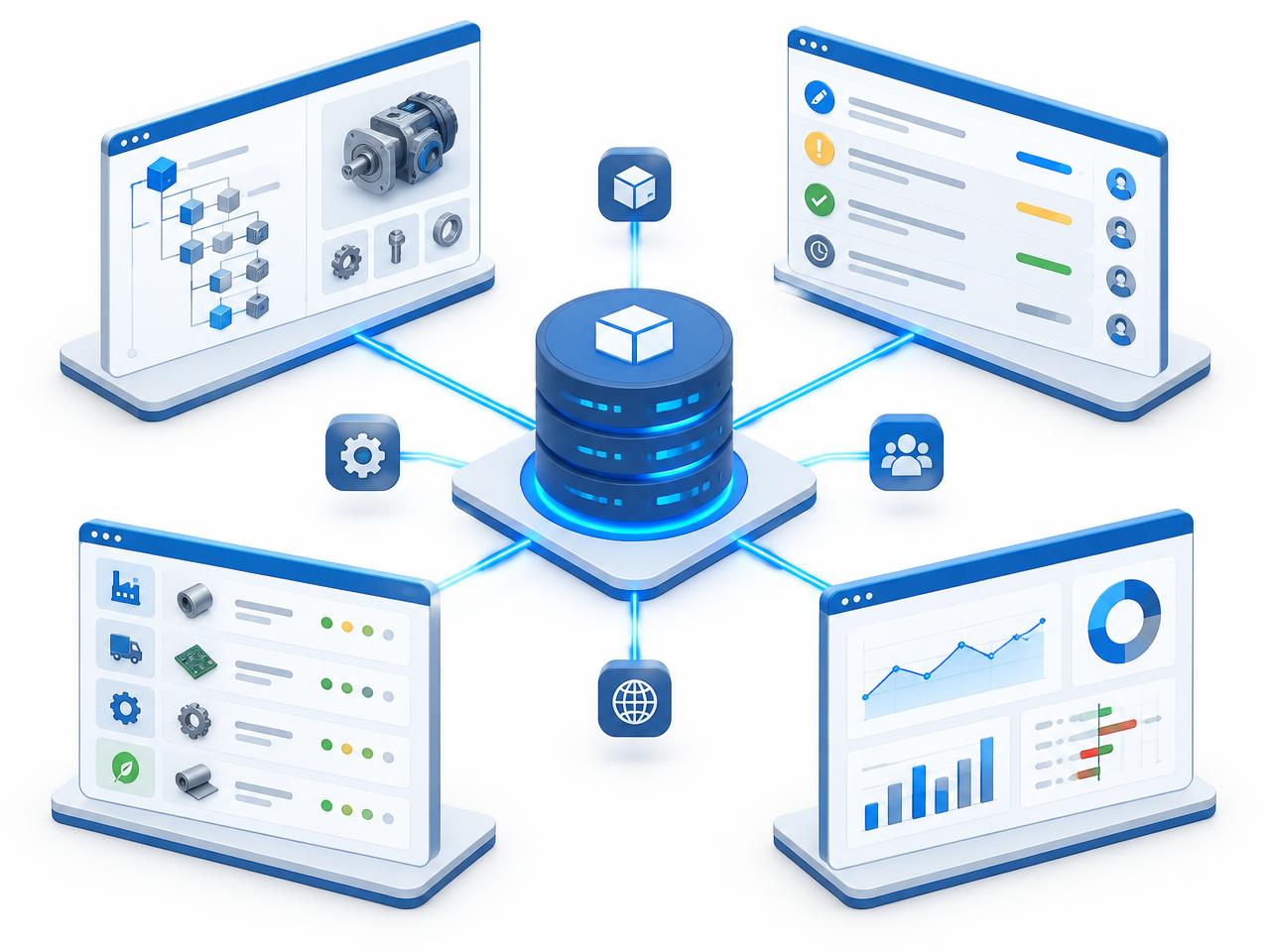 Windchill PLM hub connected to BOM, change request, supplier and deviation dashboards